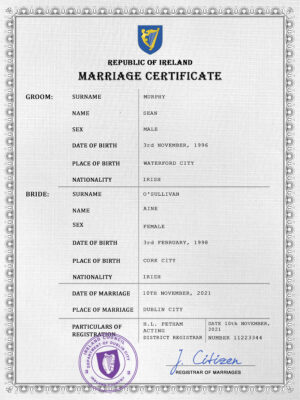 Ireland marriage certificate Word and PDF template, fully editable