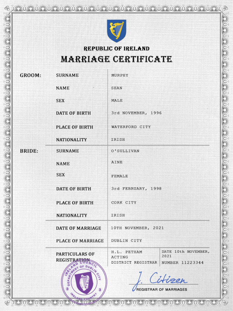 Ireland marriage certificate Word and PDF template, fully editable