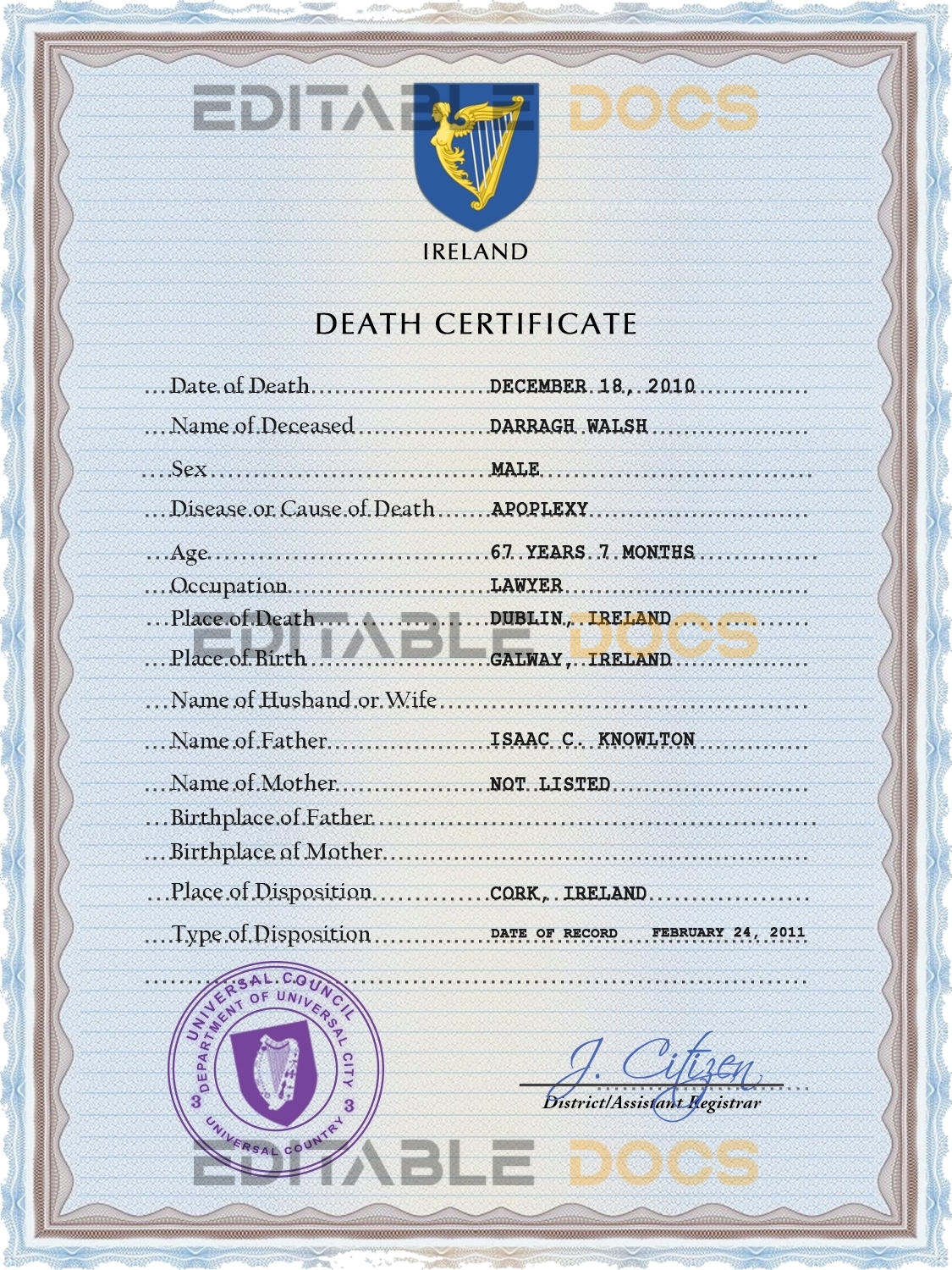 Customizable Ireland Death Certificate PSD Templates | Instant Download