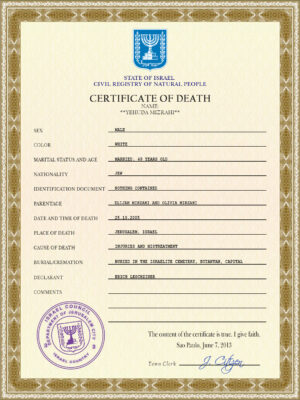 Israel death certificate PSD template, completely editable