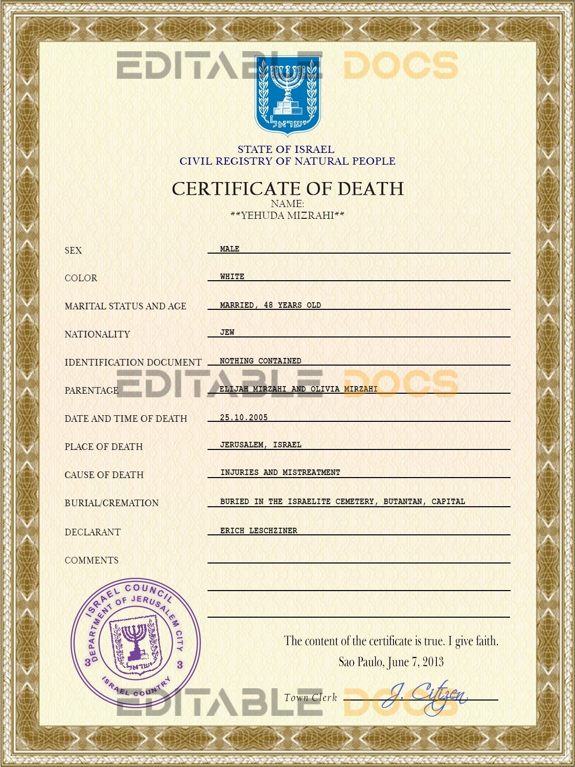 Customizable Israel Death Certificate PSD Templates | Instant Download