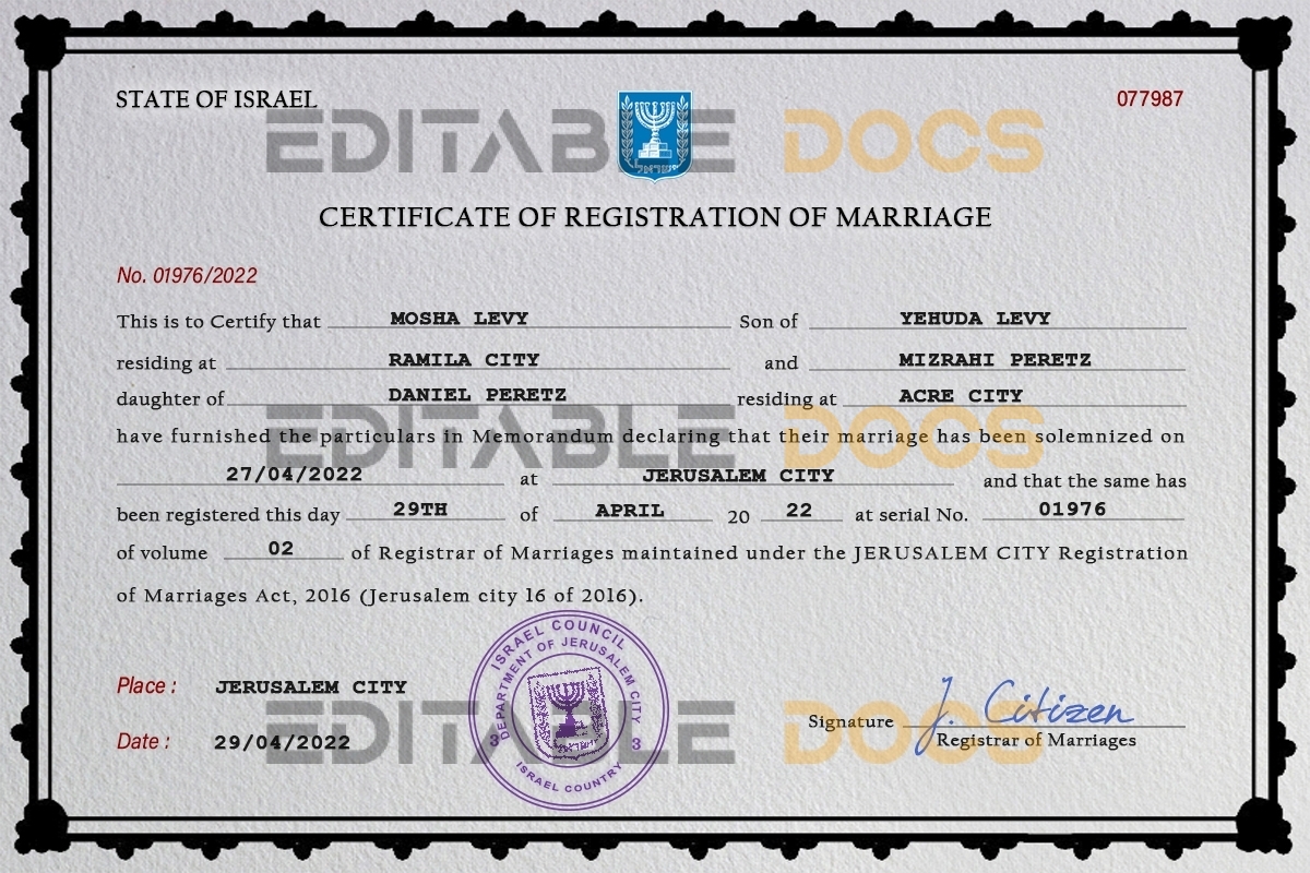 Israel Marriage Certificate | Editable PDF Templates