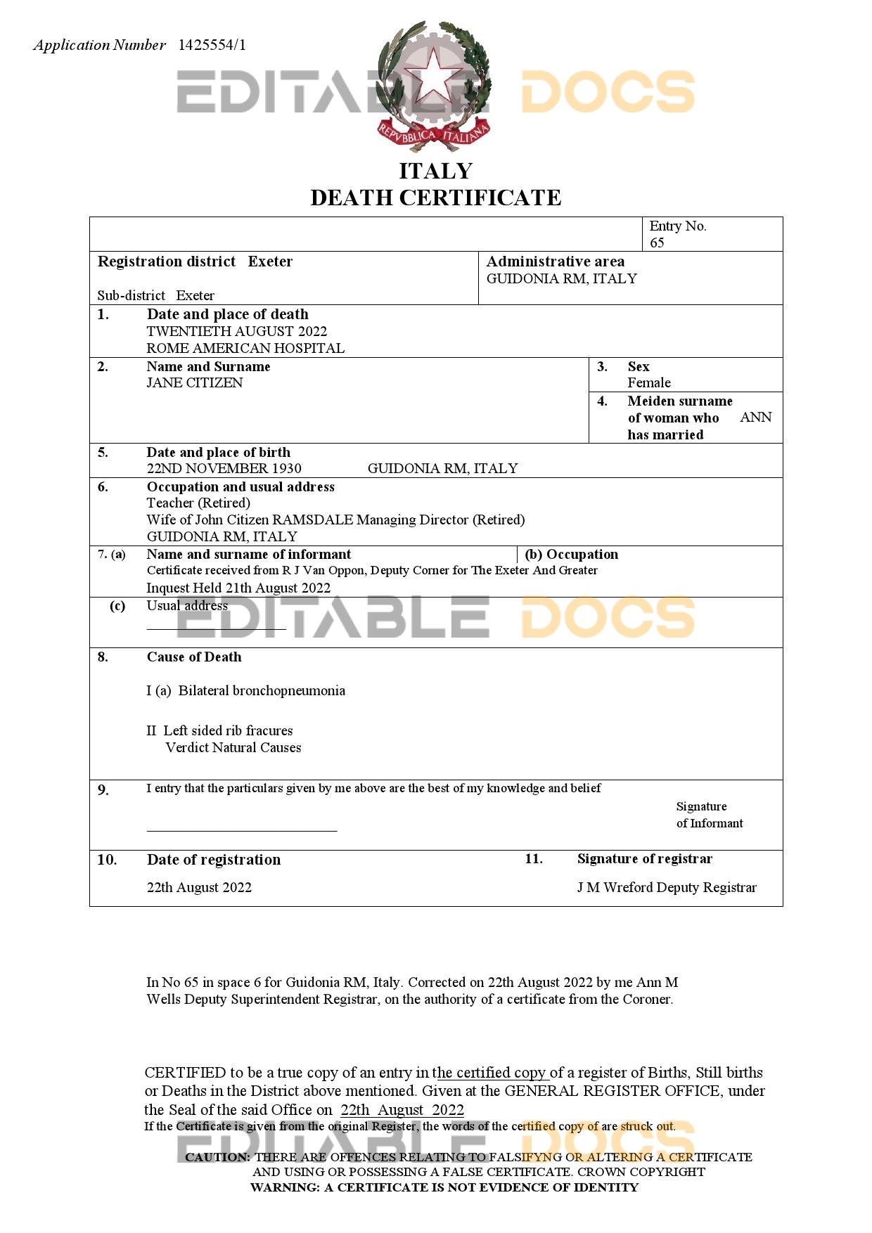 Fillable Italy Death PDF Templates | Blank Docs