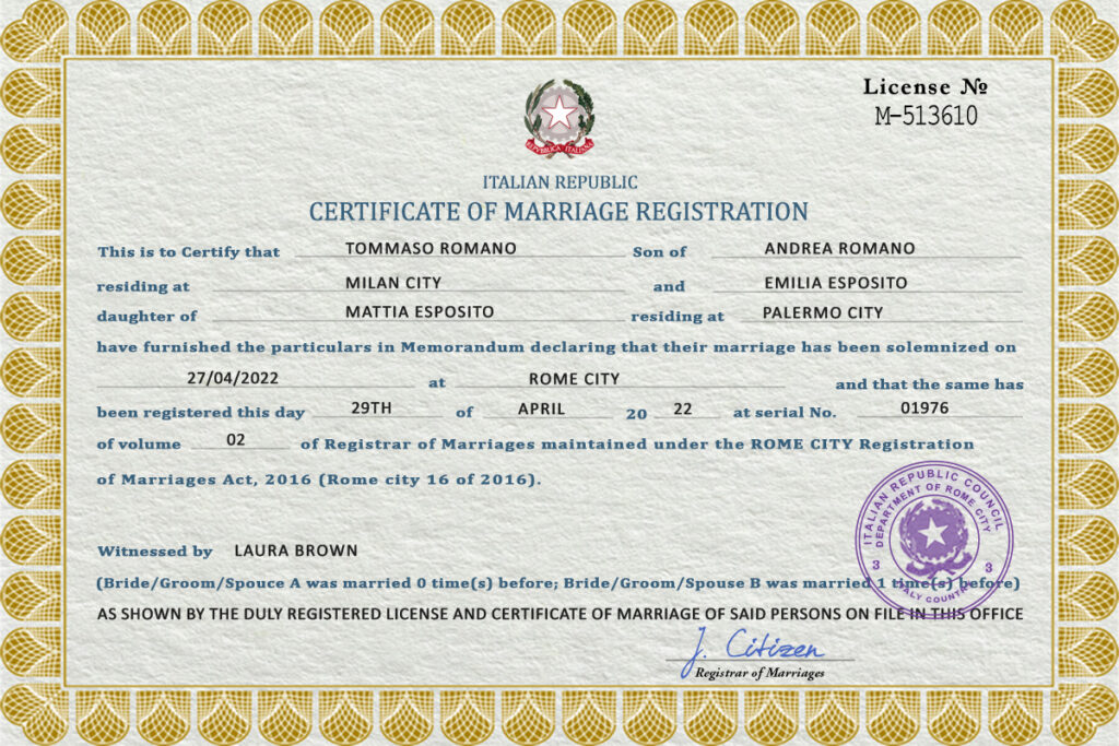 Italy marriage certificate Word and PDF template, fully editable