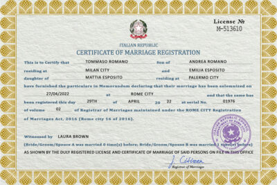 Italy marriage certificate Word and PDF template, fully editable