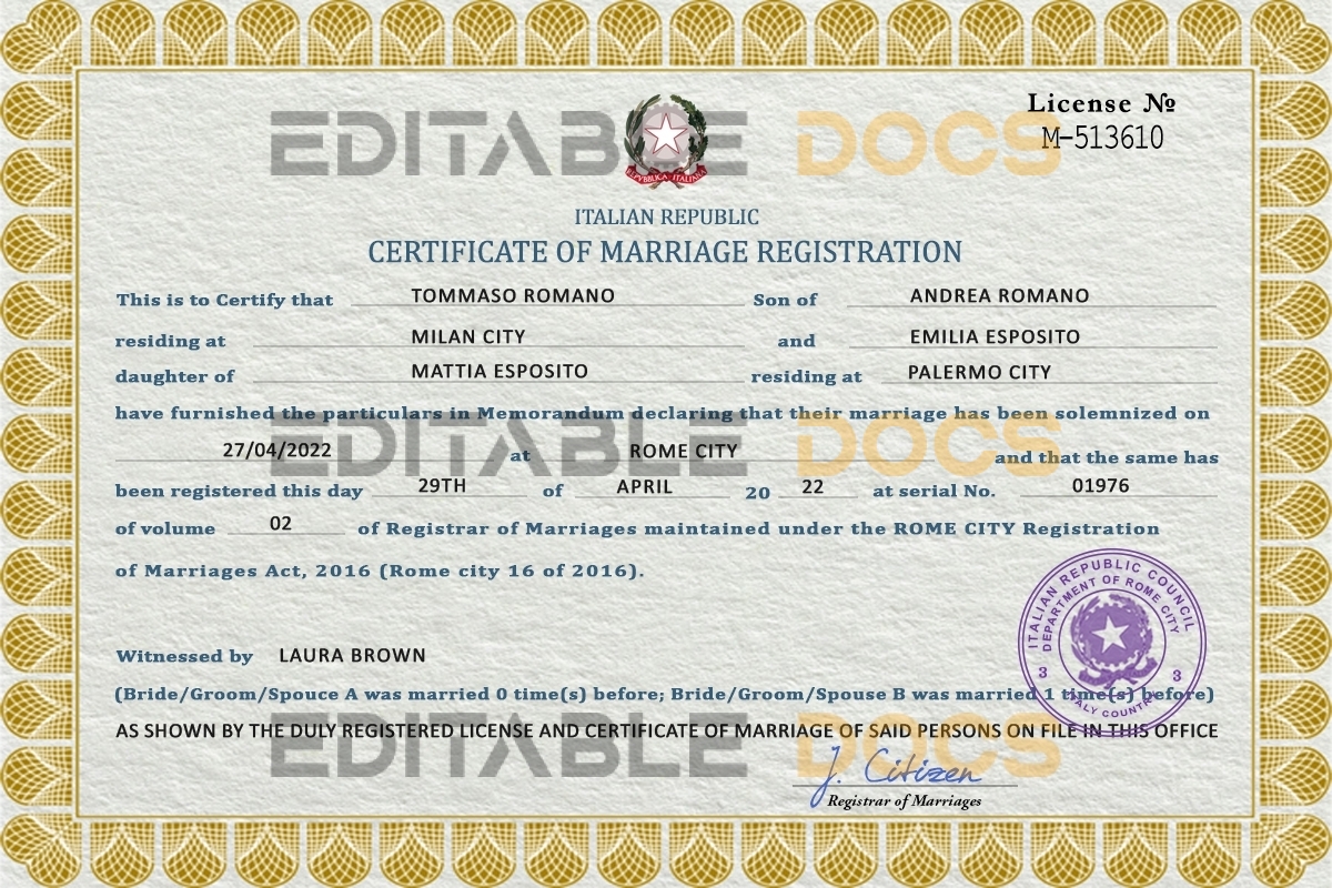 Italy Marriage Certificate | Editable PDF Templates
