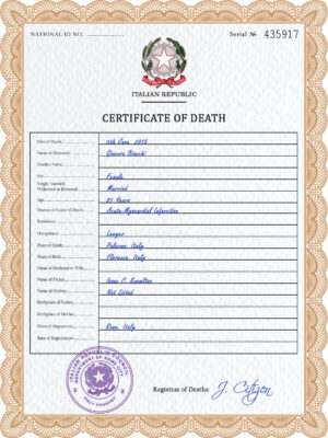 Italy vital record death certificate PSD template, fully editable