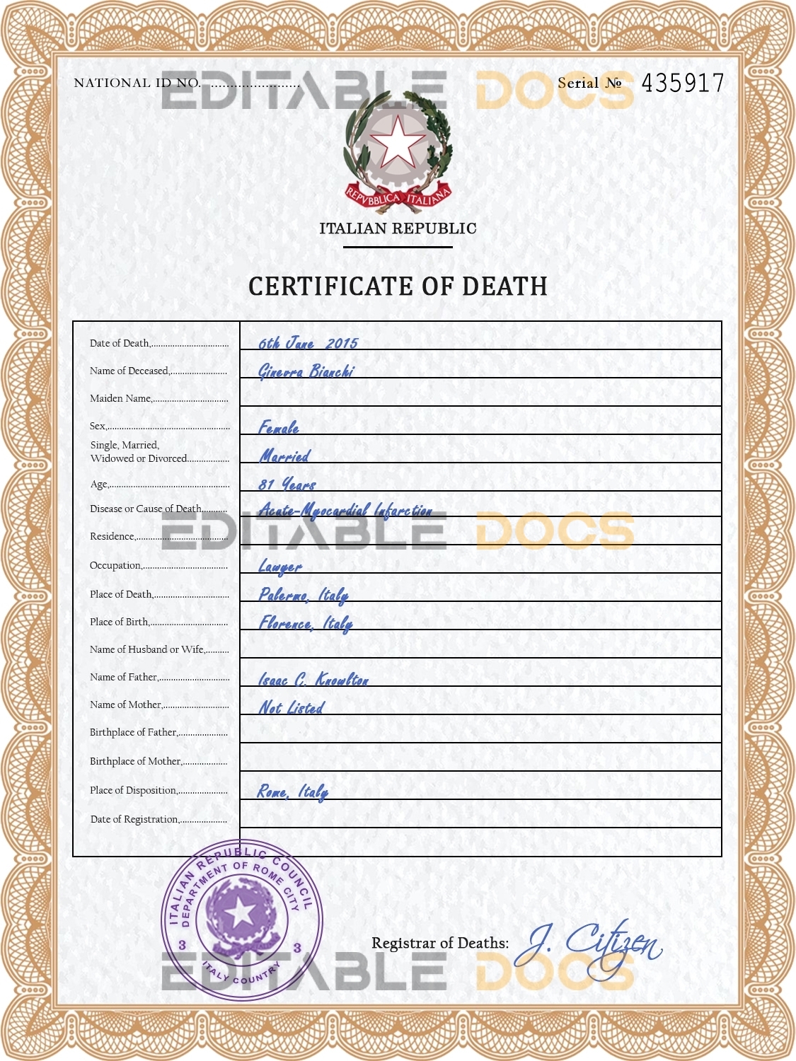 Customizable Italy Death Certificate PSD Templates | Instant Download