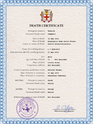 Jamaica death certificate PSD template, completely editable