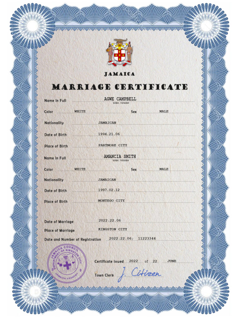 Jamaica marriage certificate Word and PDF template, completely editable