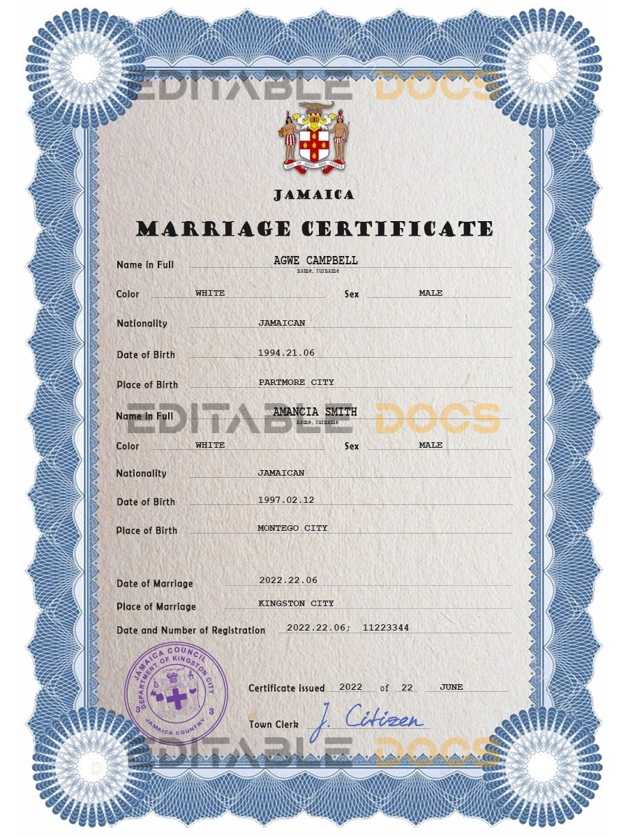 Jamaica Marriage Certificate | Editable PDF Templates