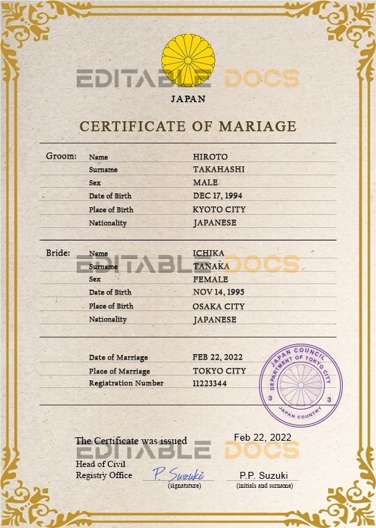 Japan marriage certificate Word and PDF template, fully editable