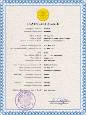 Japan vital record death certificate PSD template