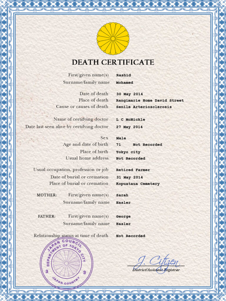 Japan vital record death certificate PSD template