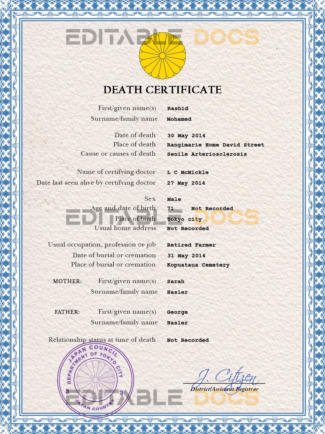 Customizable Japan Death Certificate PSD Templates | Instant Download