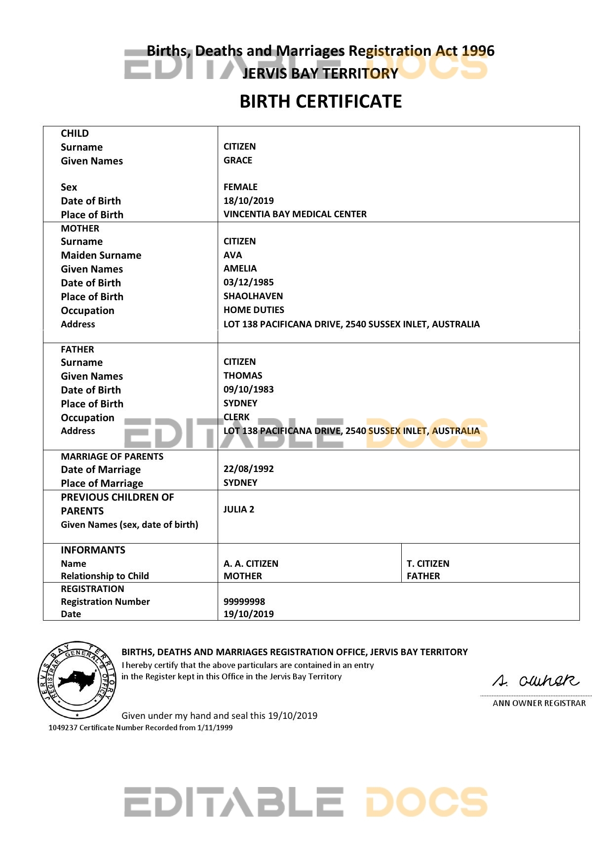 Authentic Australia Jervis Bay territory Birth Certificate Template | Customize and Download Online