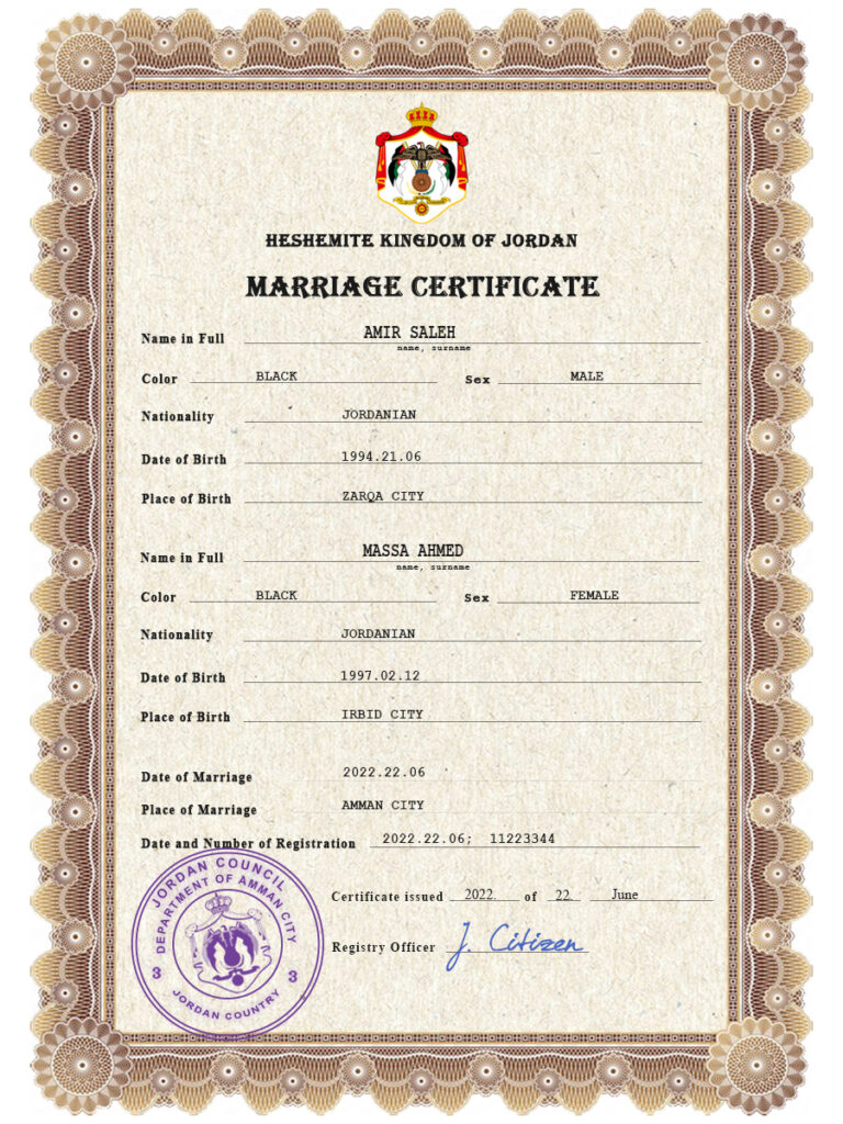 Jordan marriage certificate Word and PDF template, completely editable