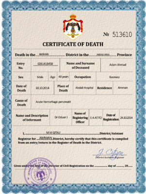 Jordan vital record death certificate PSD template, completely editable
