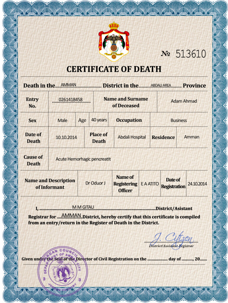 Jordan vital record death certificate PSD template, completely editable