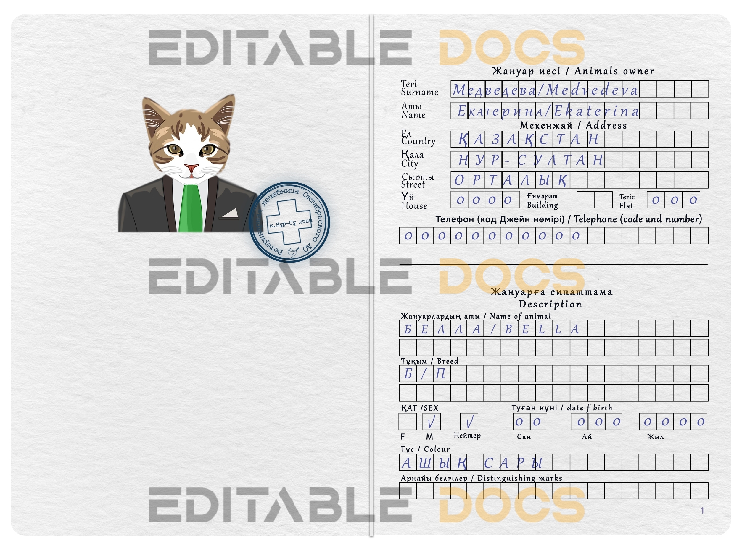 Kazakhstan cat Fake PSD Passport | Instant Download