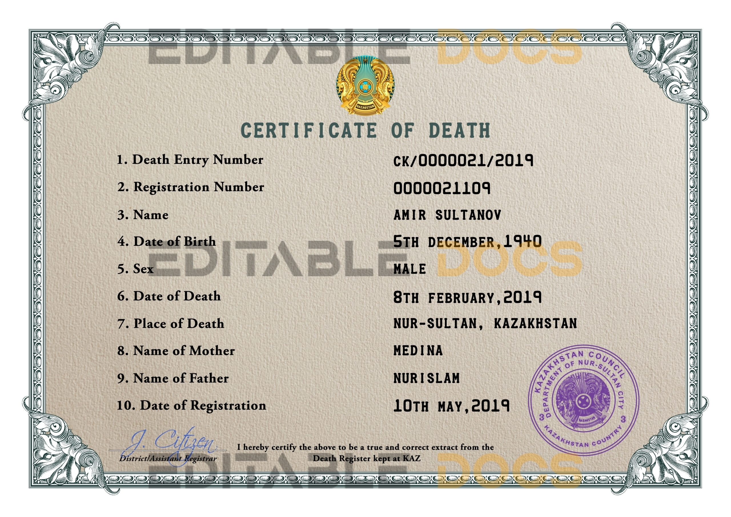 Customizable Kazakhstan Death Certificate PSD Templates | Instant Download