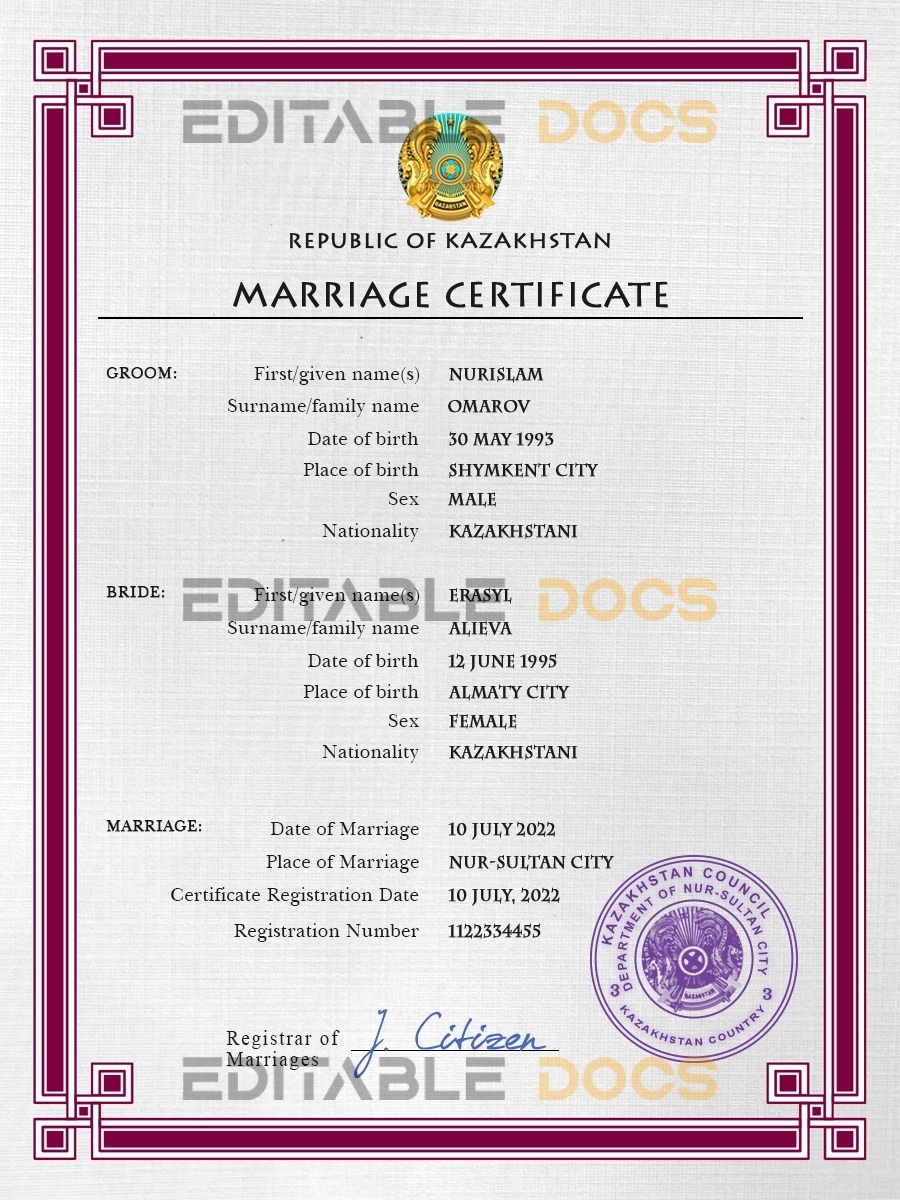 Kazakhstan Marriage Certificate | Editable PSD Templates