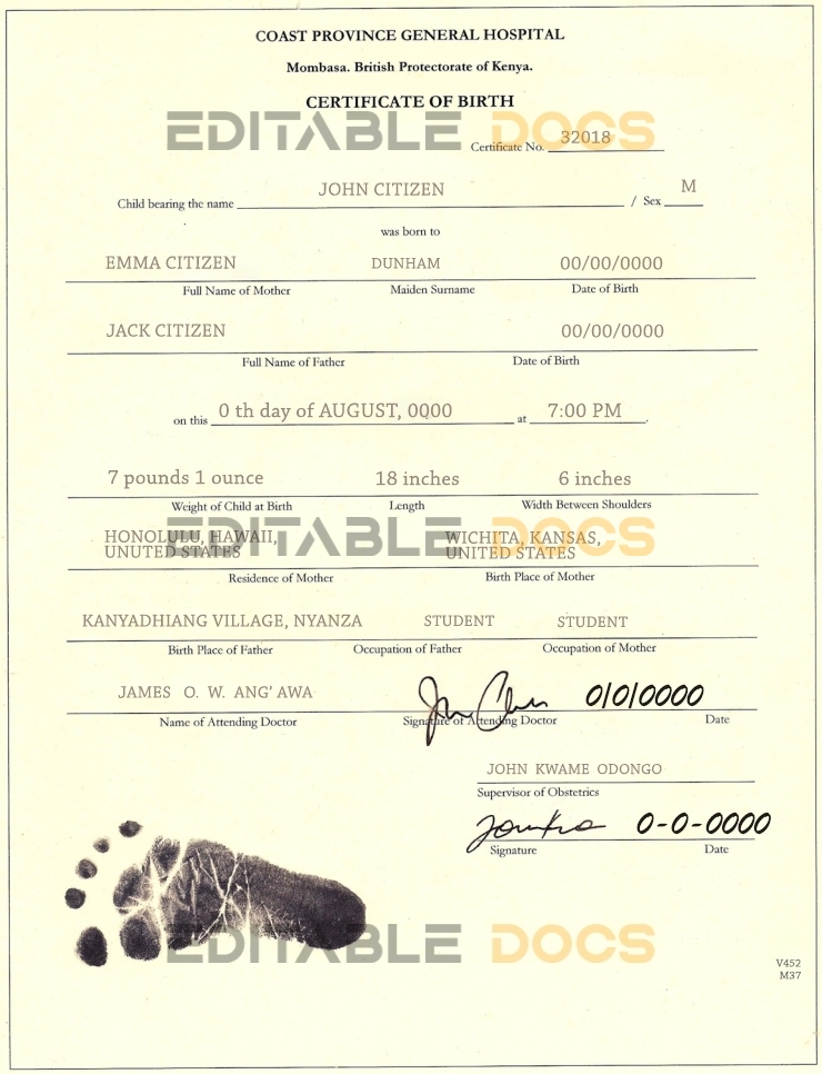 Authentic Kenya Birth Certificate Template | Customize and Download Online