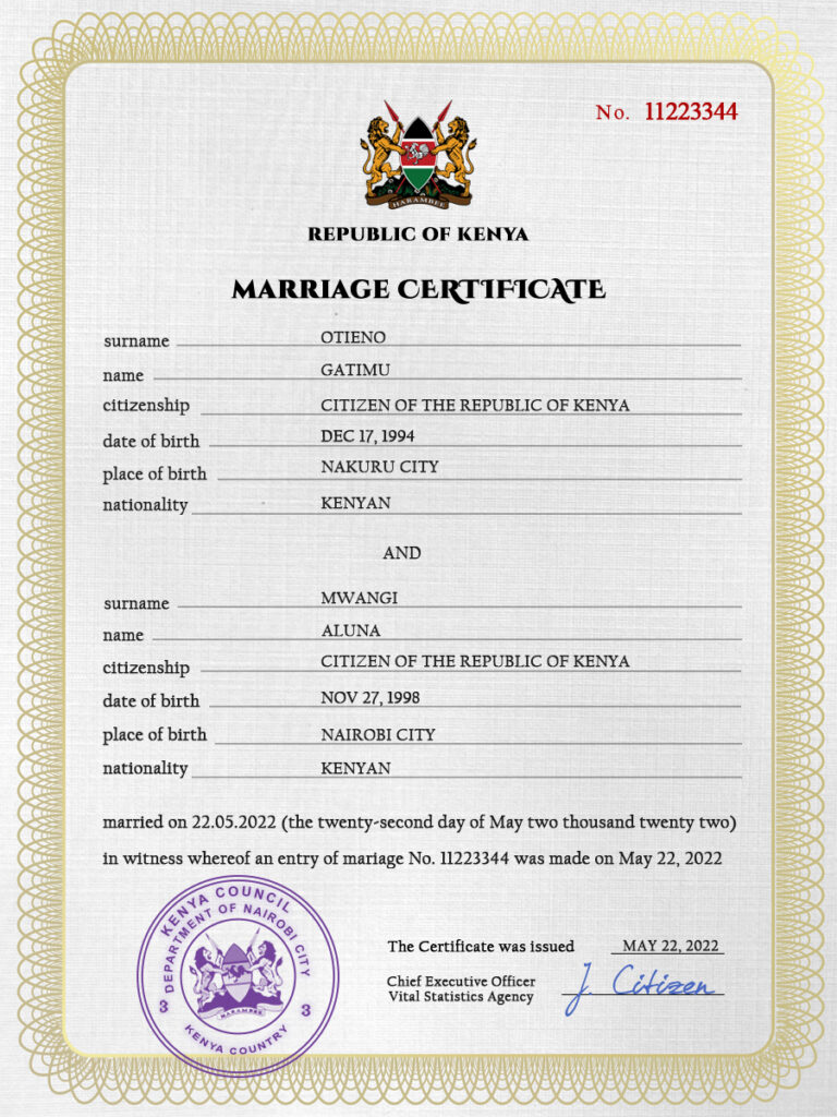 Kenya marriage certificate Word and PDF template, completely editable