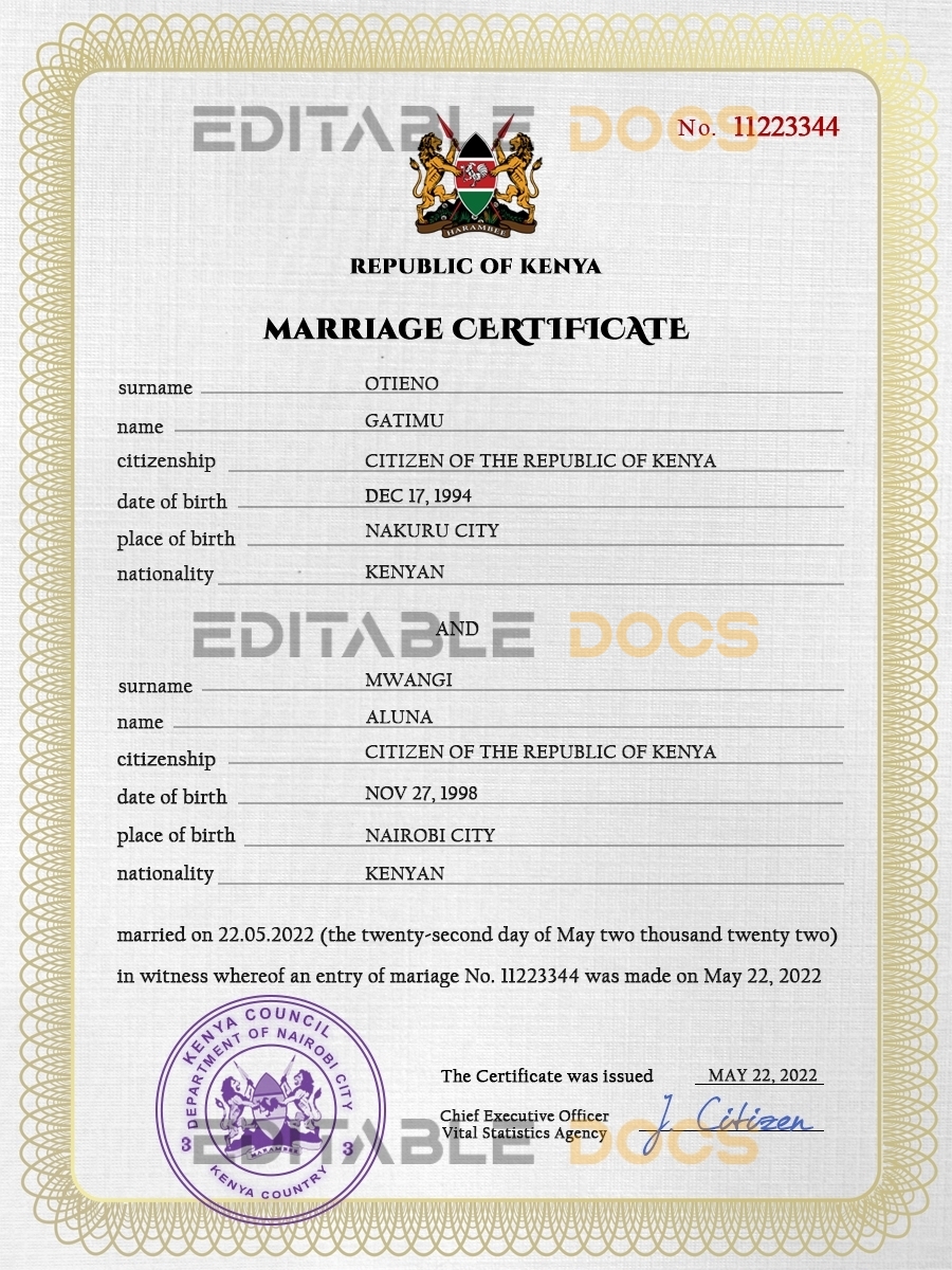 Kenya Marriage Certificate | Editable PSD Templates