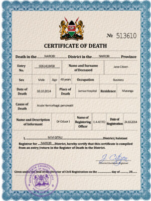 Kenya vital record death certificate PSD template, fully editable