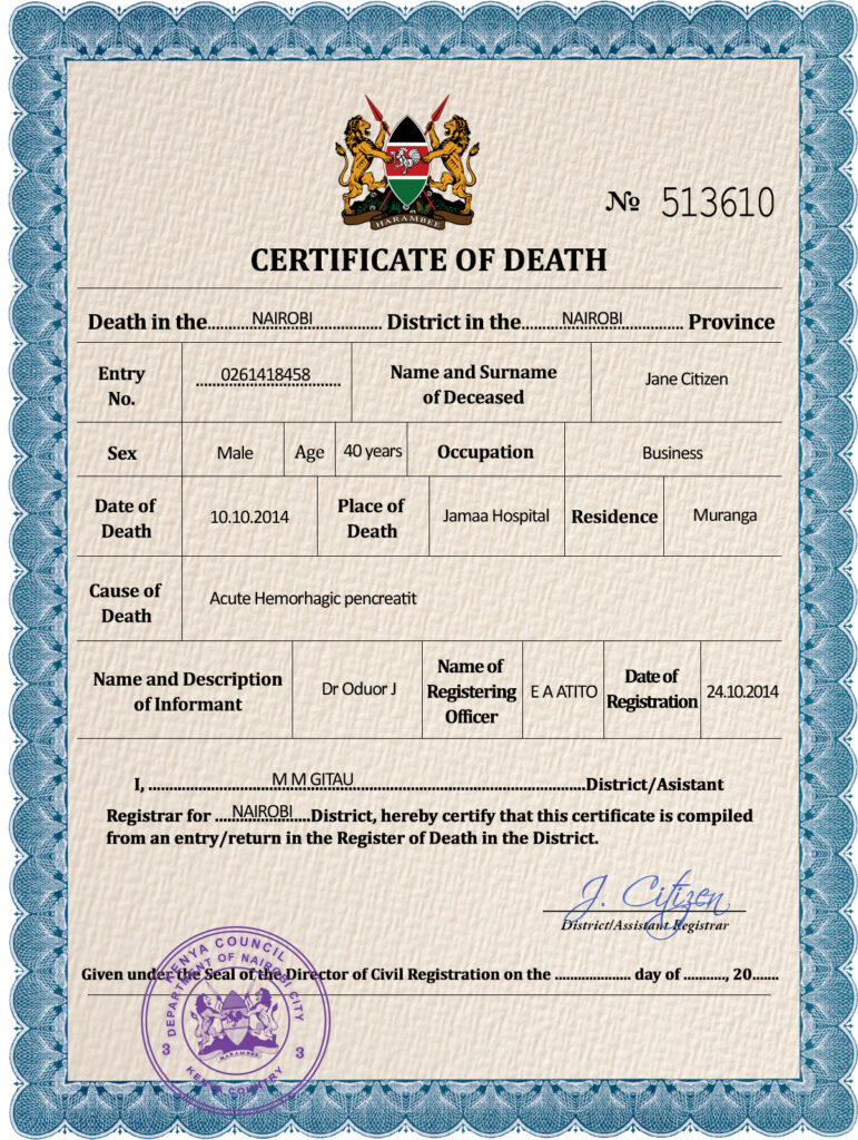 Kenya vital record death certificate PSD template, fully editable