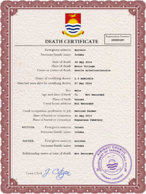 Kiribati death certificate PSD template, completely editable
