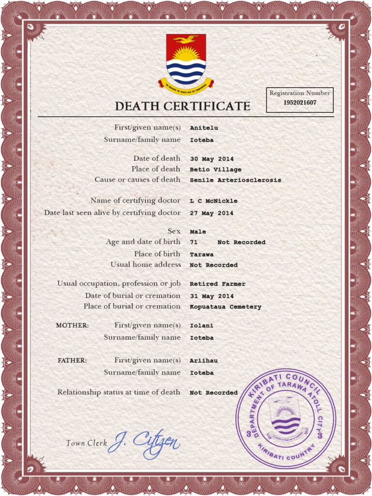 Kiribati death certificate PSD template, completely editable
