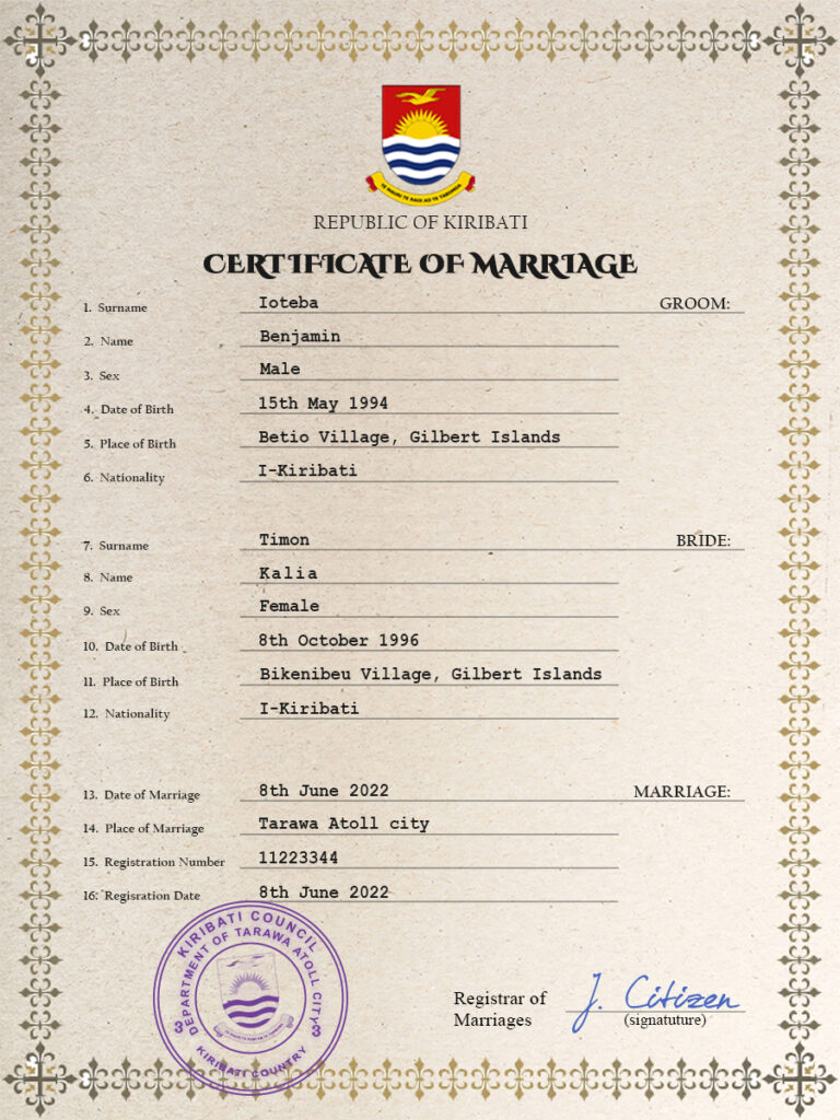 Kiribati marriage certificate Word and PDF template, fully editable