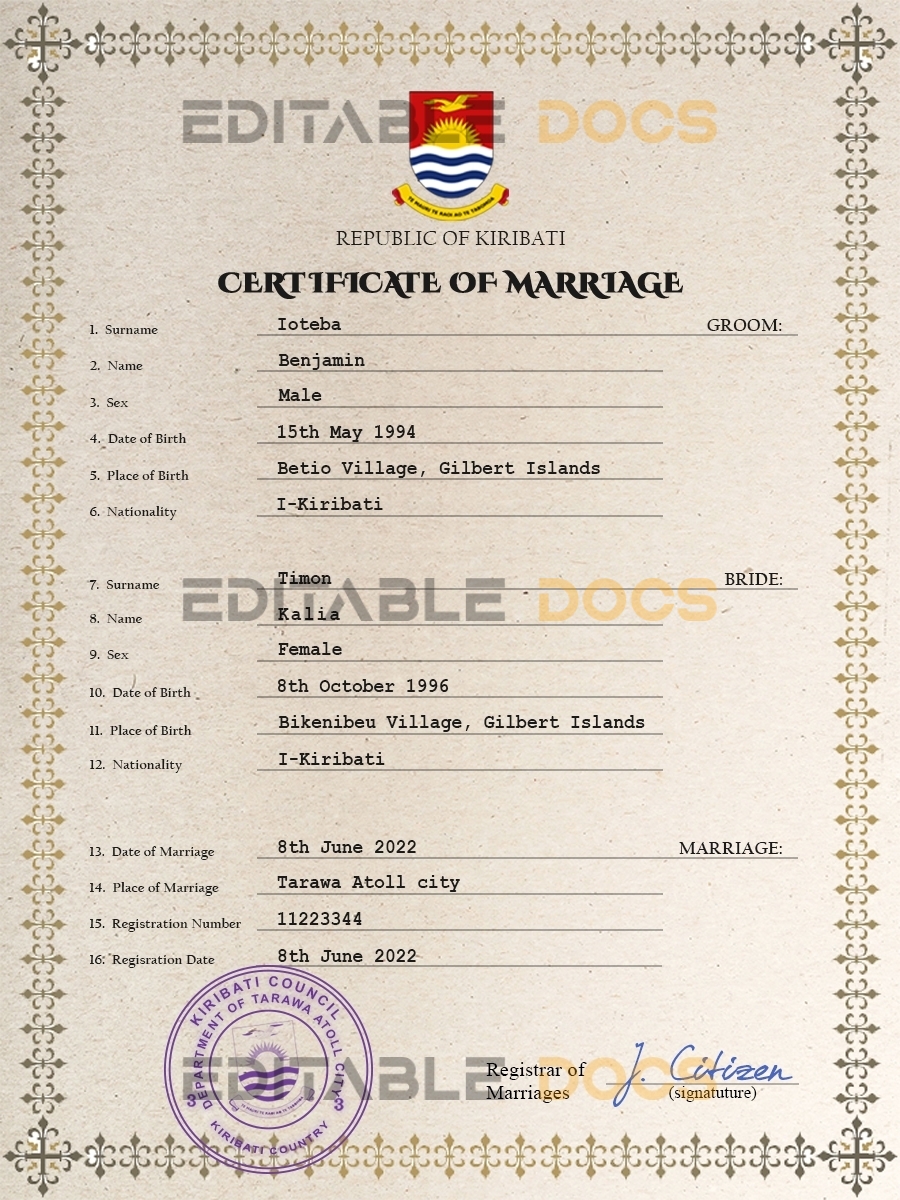 Kiribati Marriage Certificate | Editable PSD Templates