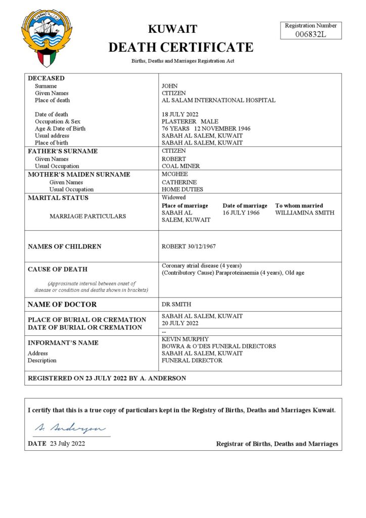 Kuwait death certificate Word and PDF template, completely editable