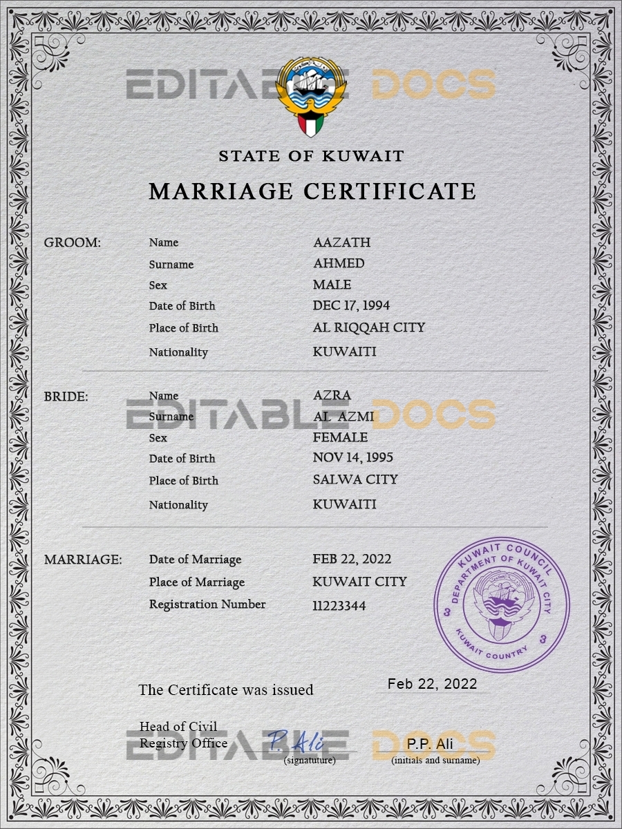 Kuwait Marriage Certificate | Editable PDF Templates