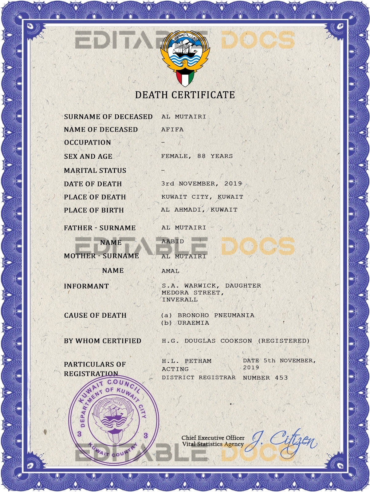 Customizable Kuwait Death Certificate PSD Templates | Instant Download