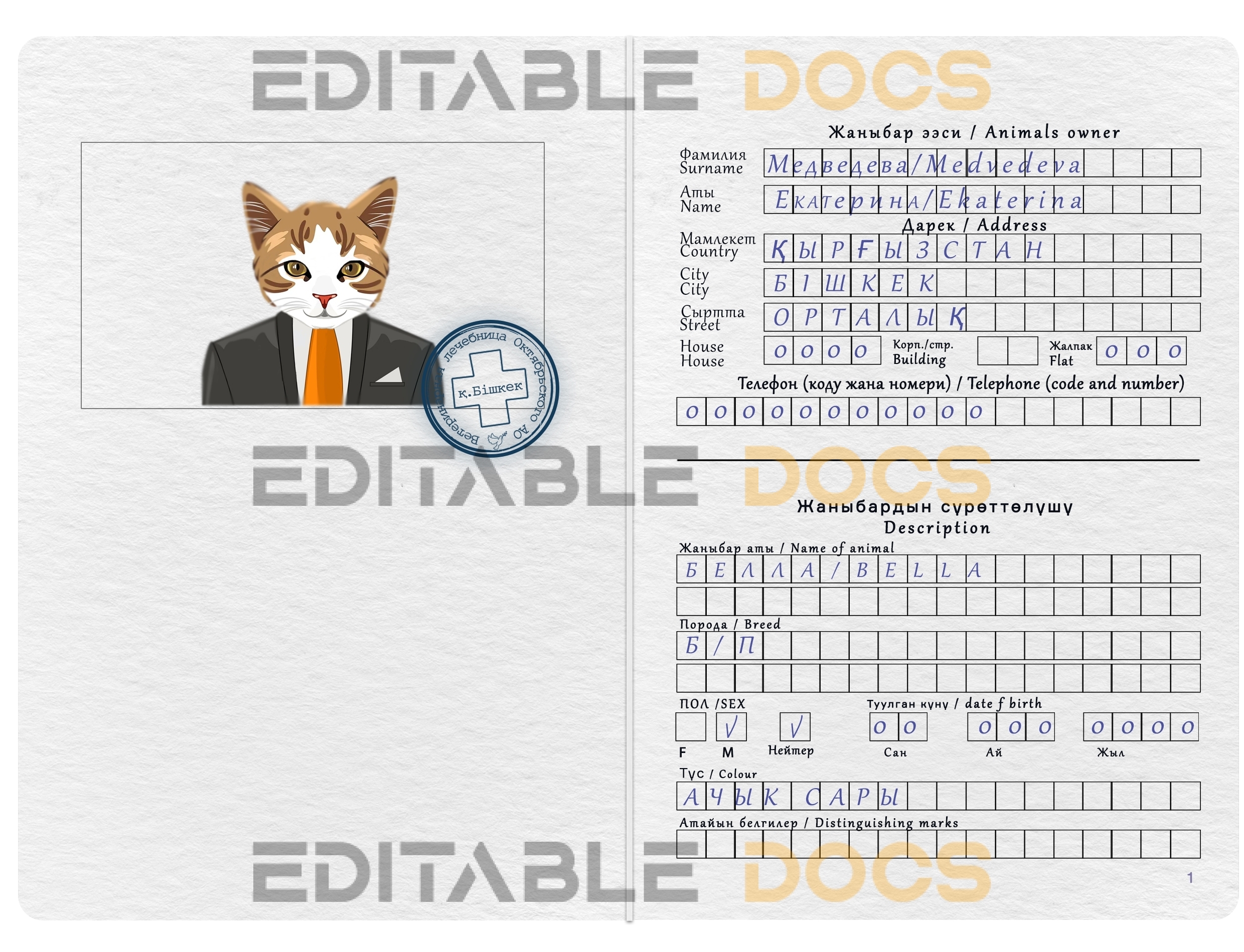 Kyrgyzstan cat Fake PSD Passport | Instant Download