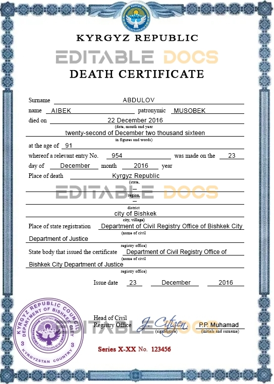 Kyrgyzstan death certificate PSD template, completely editable