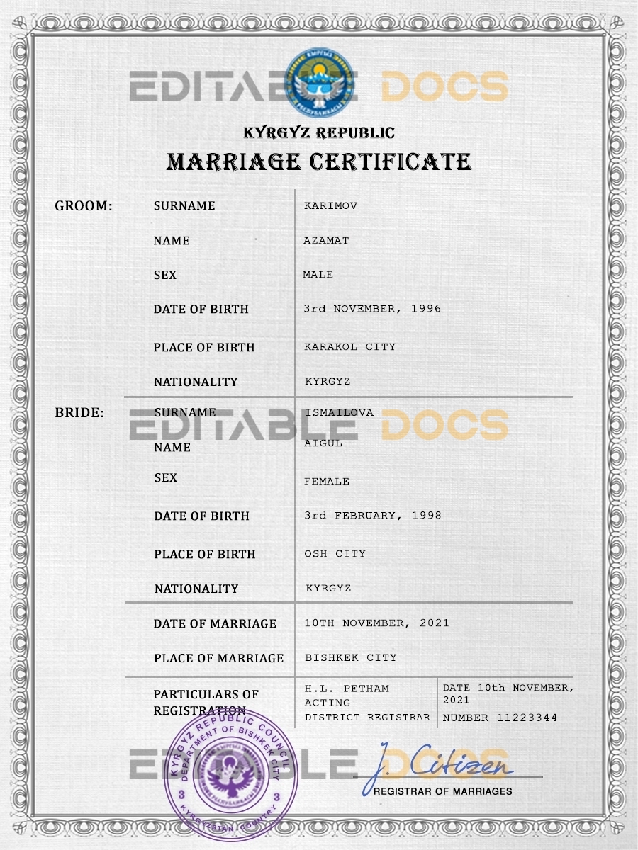 Kyrgyzstan Marriage Certificate | Editable PDF Templates