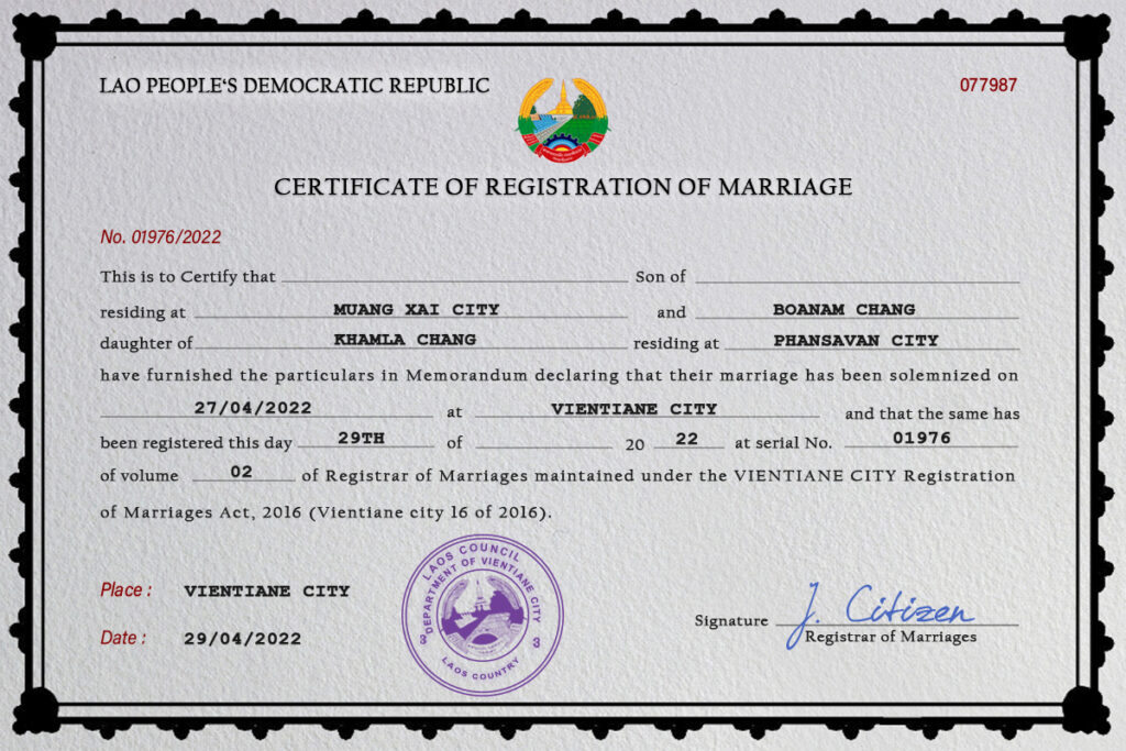 Laos Marriage Certificate Editable PDF Templates