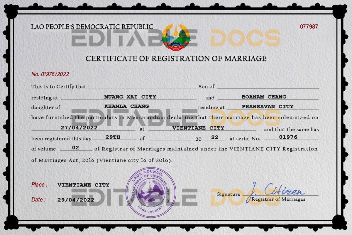 Laos Marriage Certificate | Editable PDF Templates