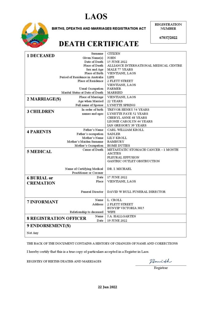 Laos vital record death certificate Word and PDF template