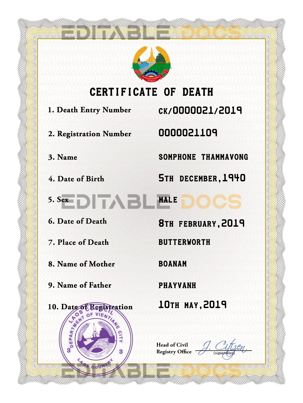 Customizable Laos Death Certificate PSD Templates | Instant Download