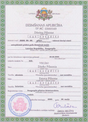 Authentic Latvia Birth Certificate Template | Customize and Download Online