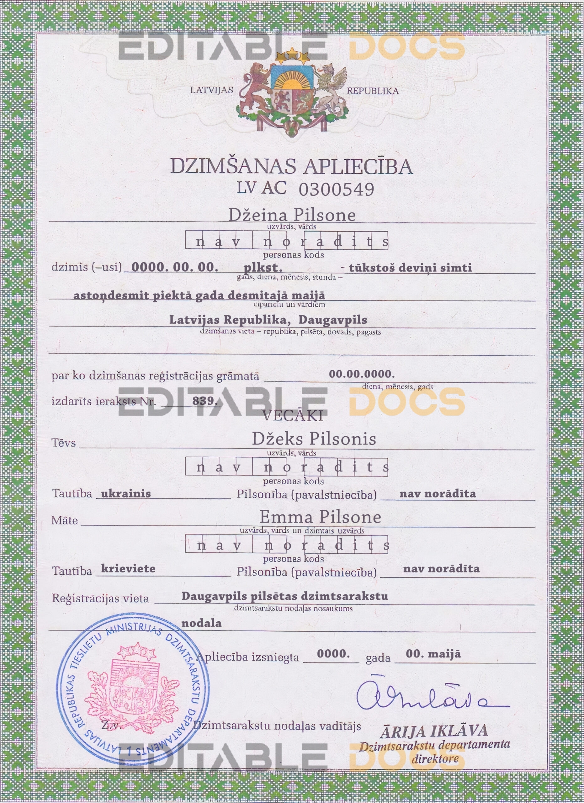 Authentic Latvia Birth Certificate Template | Customize and Download Online