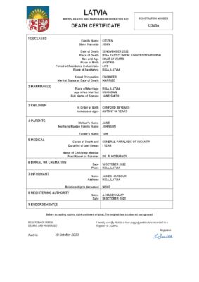 Latvia vital record death certificate Word and PDF template