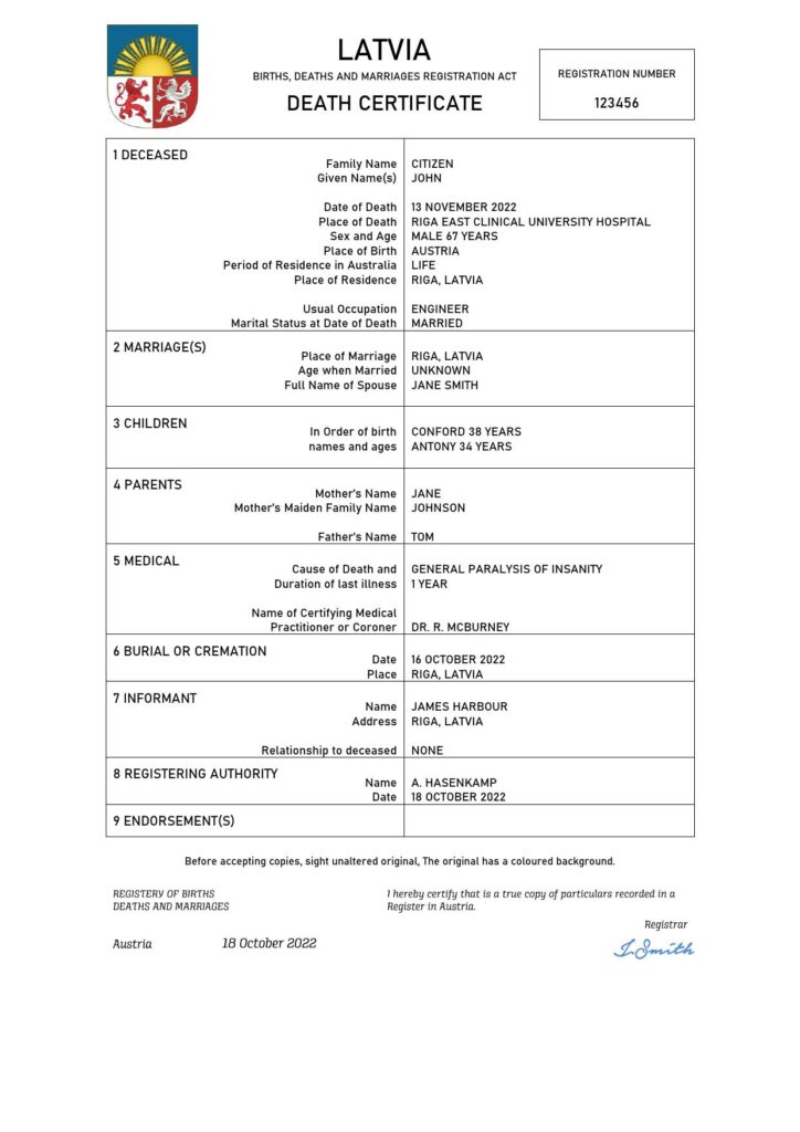 Latvia vital record death certificate Word and PDF template