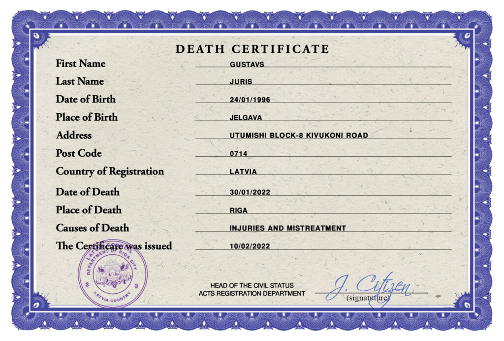 Latvia death certificate PSD template, completely editable
